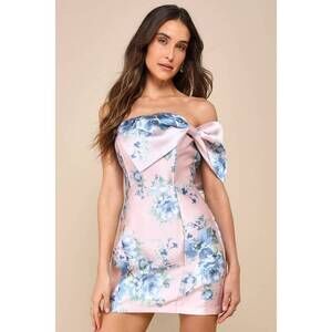 Lulus Soiree Darling Pink Floral Bow Off-the-shoulder Mini Dress - Size L